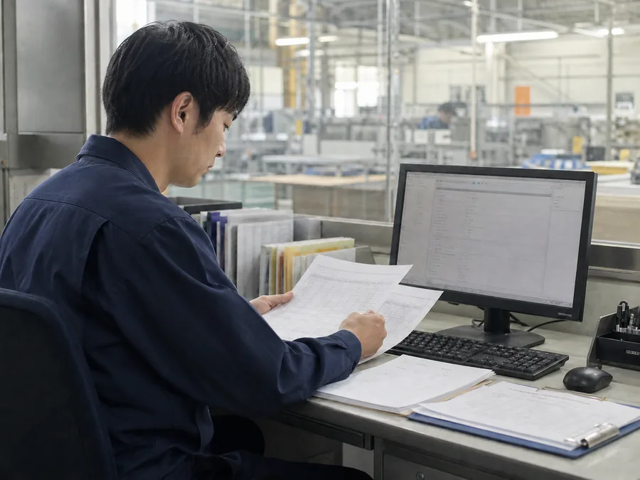濃紺の作業服で紙の記録とパソコンを照合する製造部門の担当者