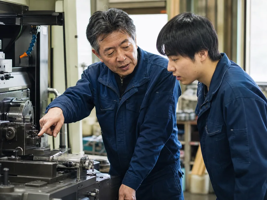 製造設備の前で経験者が若手社員へ判断のポイントを伝える様子