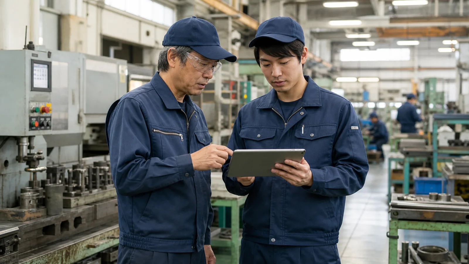 製造現場で経験者と若手社員がタブレットを見ながら対話している様子