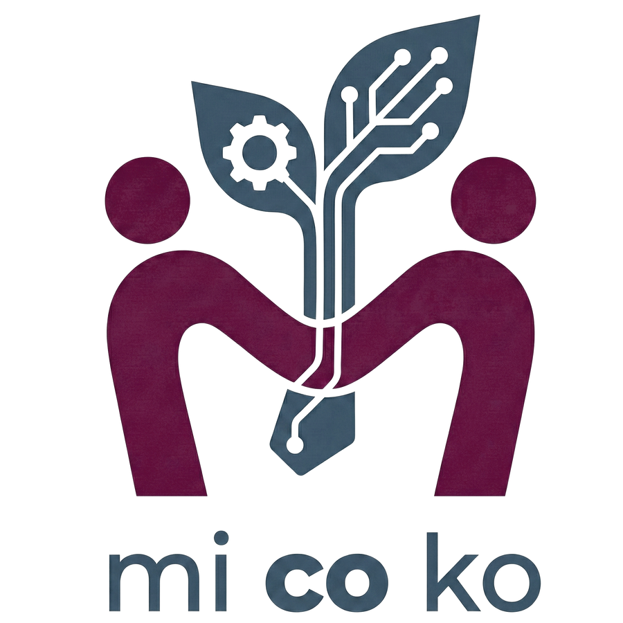 人とAI、ものづくりのつながりを表すmicokoロゴ